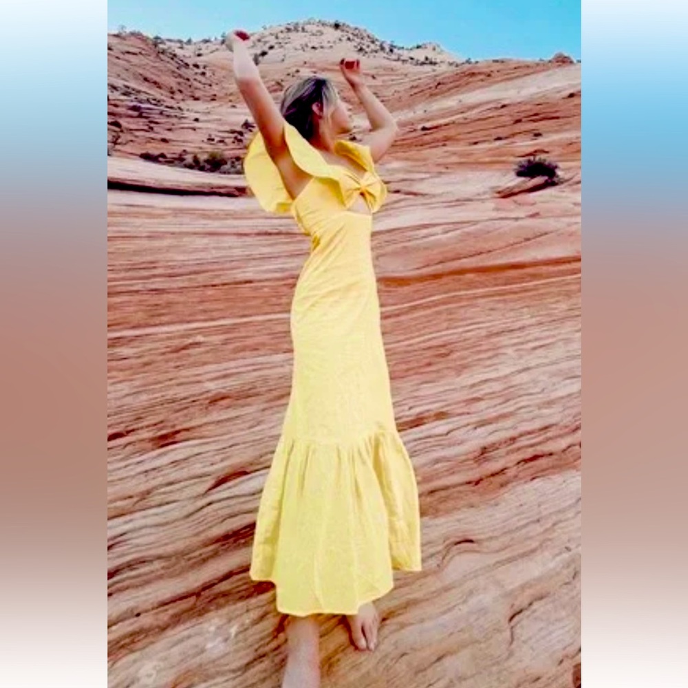 FARM Rio Yellow Ruffle Midi Dress with Bow - Picture 5 of 13